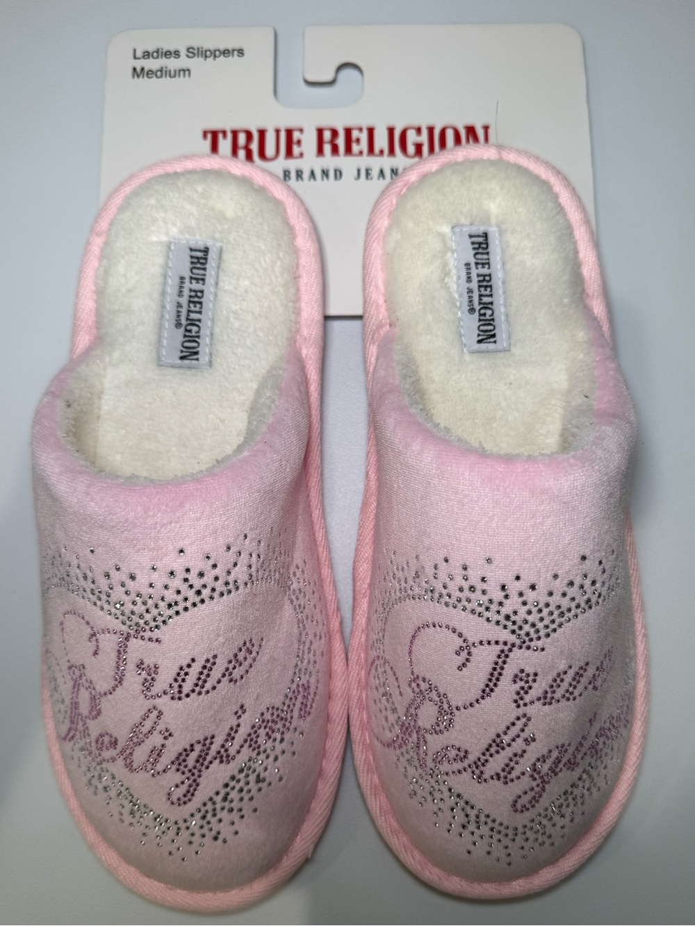 True Religion Pink Rhinestone Plush Slippers - Medium 6.5-7.5